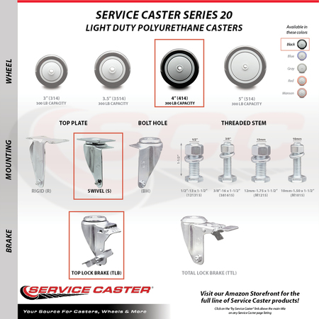 Service Caster 4 Inch Black Polyurethane Wheel Swivel Top Plate Caster Set with 2 Brake 2 Rigid SCC-20S414-PPUB-BLK-TLB-TP3-2-R-2